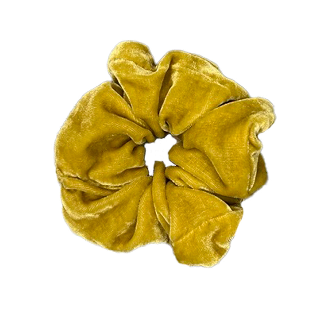 yellow velvet scrunchie made from opera costume fabric from Les Troyen