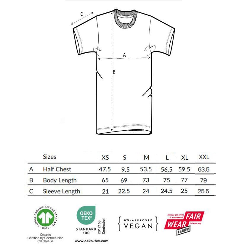 Royal Ballet unisex tshirt size guide for XS to XXL in cms with a tshirt illustration and logos