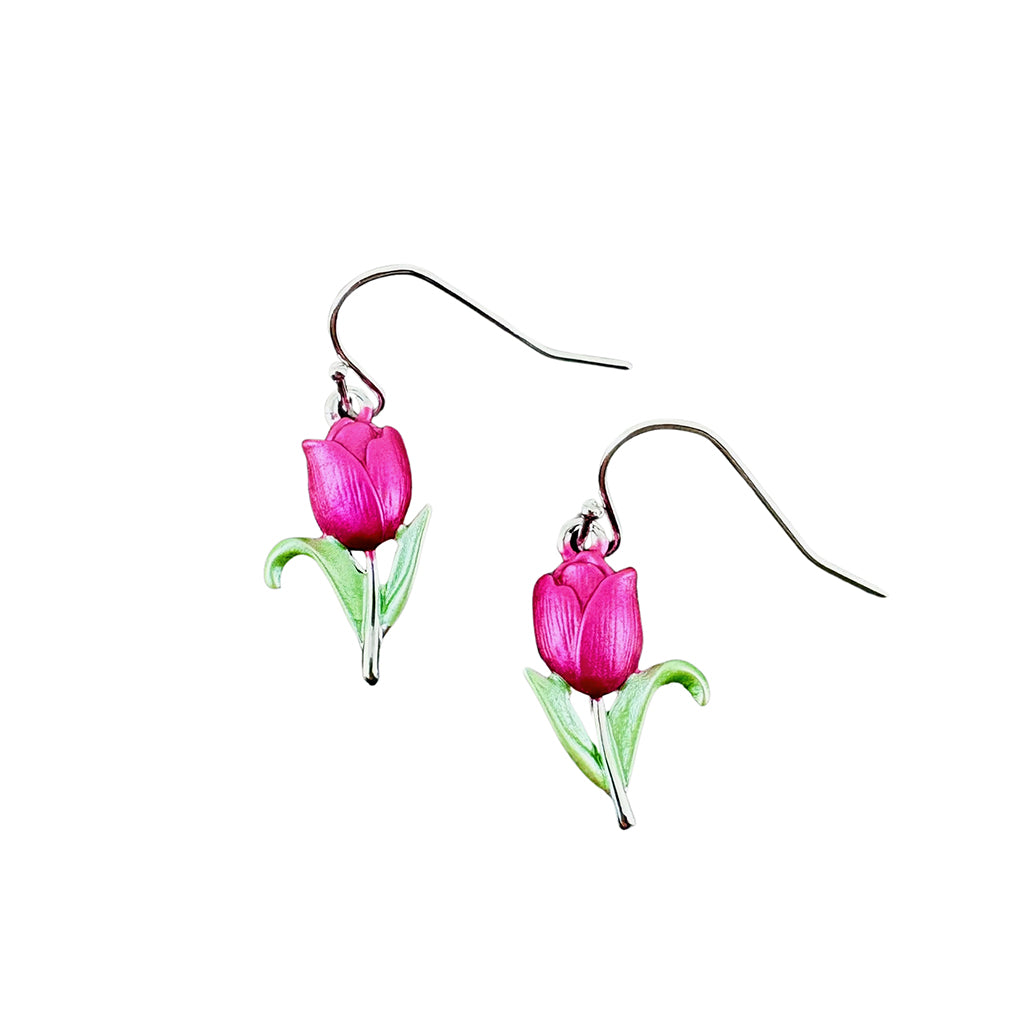 Pink tulip-shaped earrings on a white background