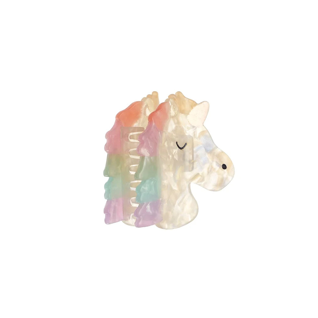 Unicorn hair accessory claw clip with a colourful mane on a white background