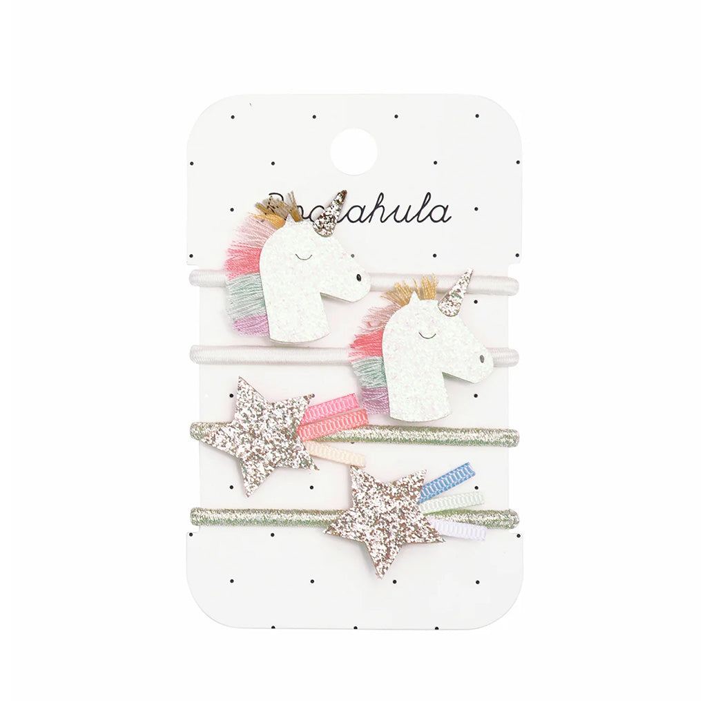 Unicorn hair ties on a card backing with the text Rockahula