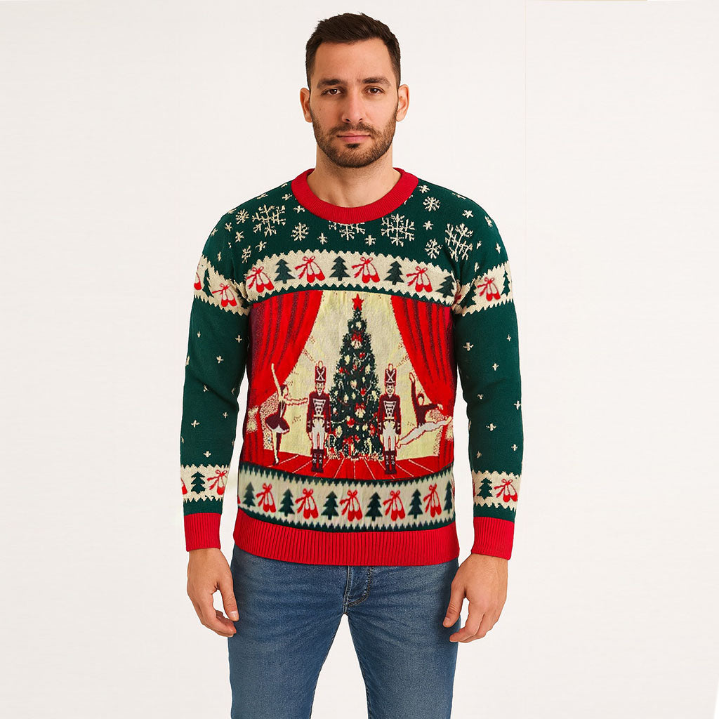 Man wearing an RBO Christmas Jumper with Nutcracker ballet-themed design on a plain background