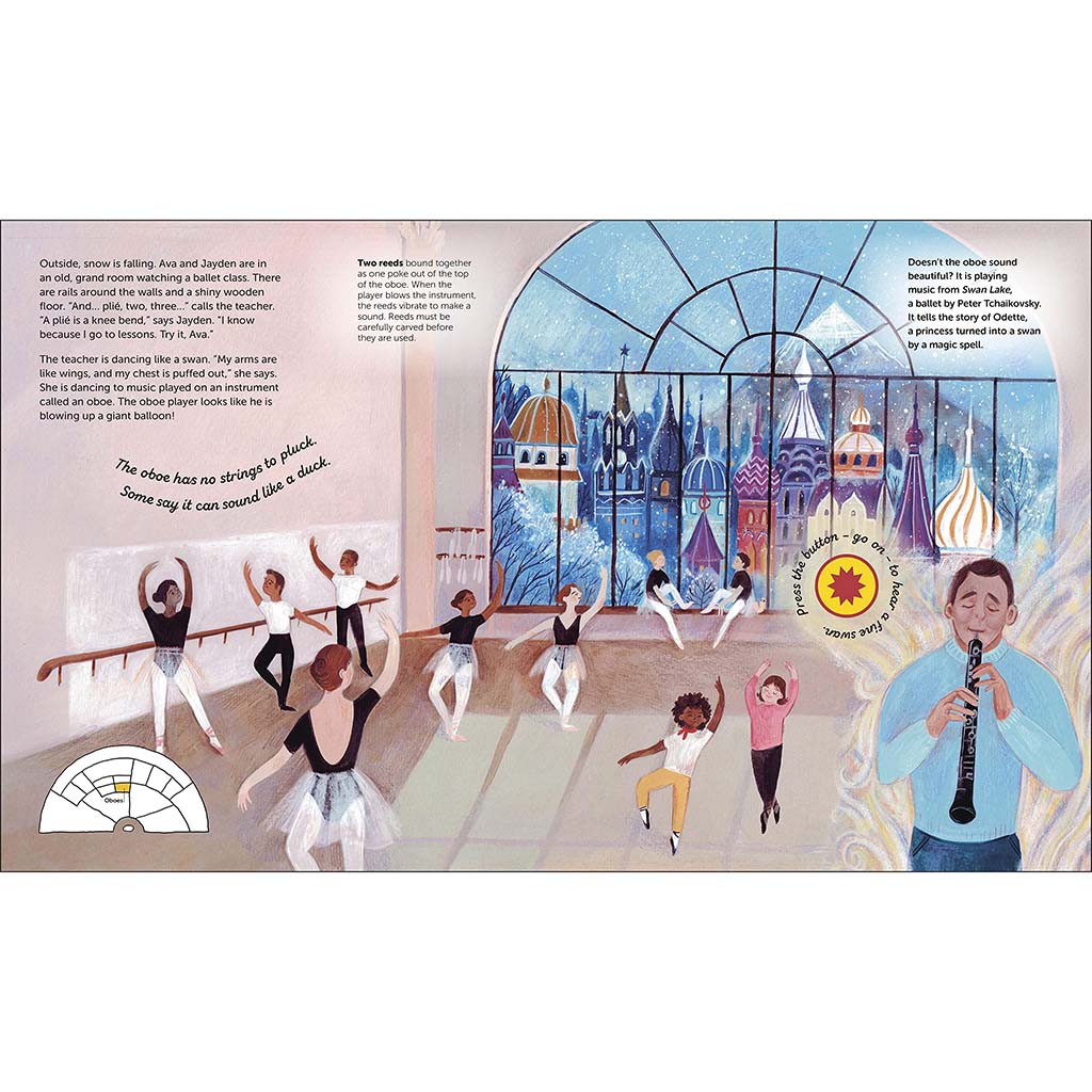 Illustrated book page with ballet class and cityscape window