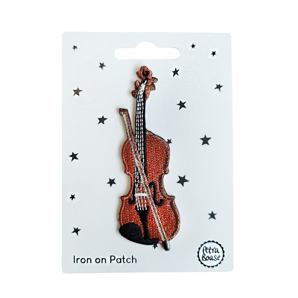 violin embroidered patch on a backing card with stars and text iron on patch Petra Boase