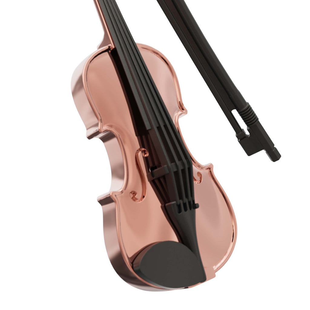 Rose gold violin with black bow on a white background
