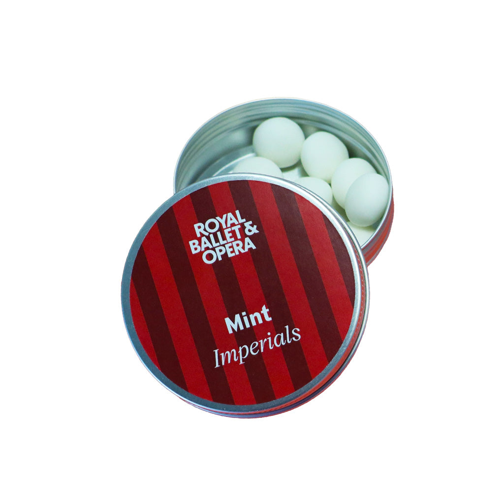 Tin of &#39;Royal Ballet &amp; Opera Mint Imperials&#39; showcasing the stripped wallpaper from the RBO on a white background