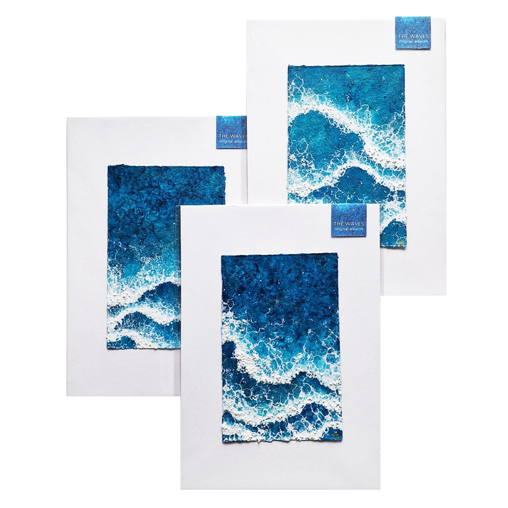 A selection of three The Waves art pieces on A4 mounts