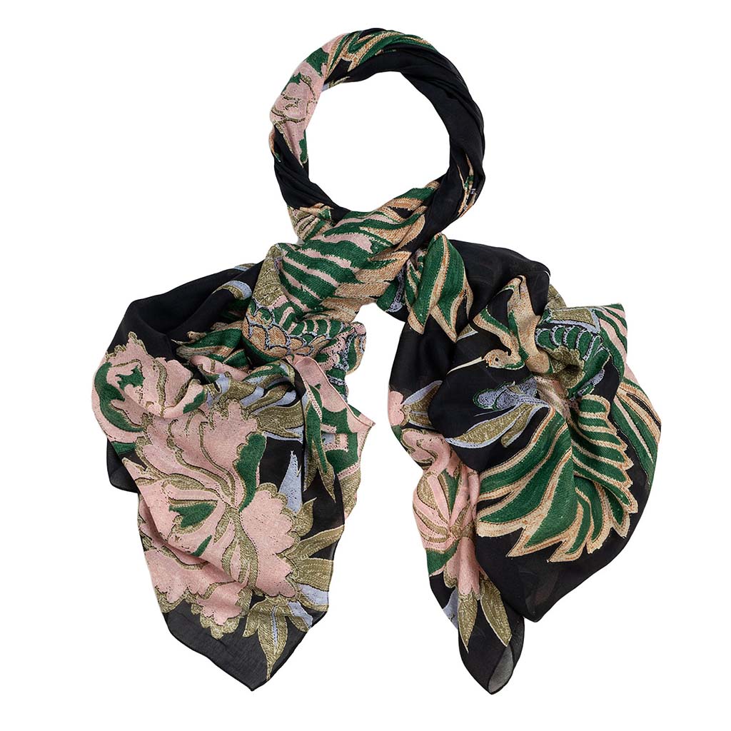 Black, pink and sand Crane patterned scarf  on a white background