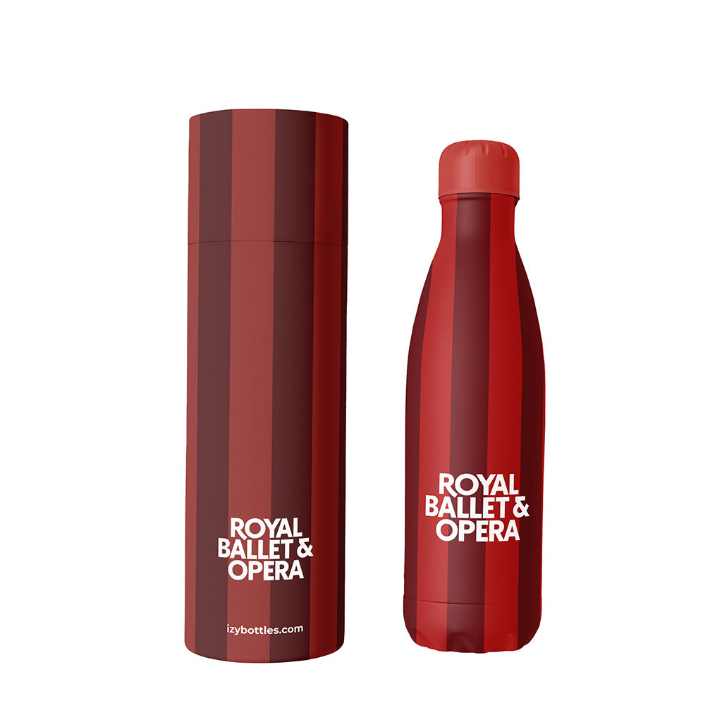 Red striped water bottles with &#39;Royal Ballet &amp; Opera&#39; branding on a white background
