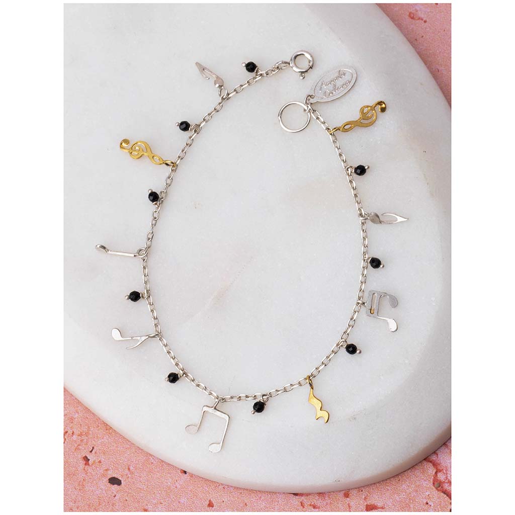 Musical Notes Charm Bracelet , silver, gold plate and onyx