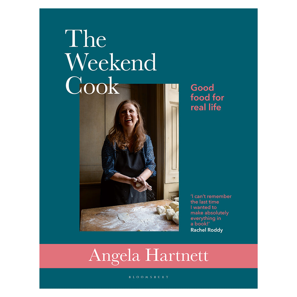 Book cover of &#39;The Weekend Cook&#39; by Angela Hartnett with a teal background and photo of a chef in a kitchen.