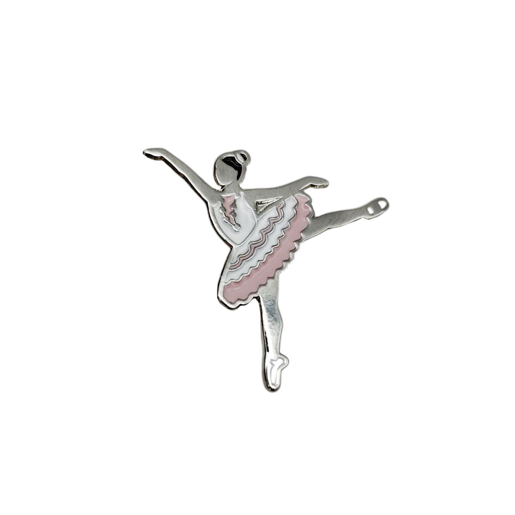 Silver ballerina pin badge with pink tutu on a white background