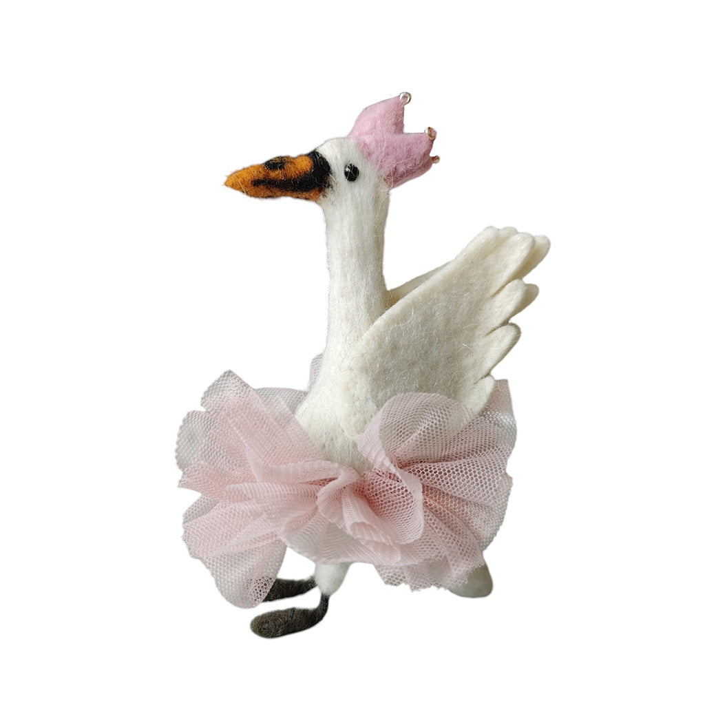 Felt white swan with a pink tutu on a white background