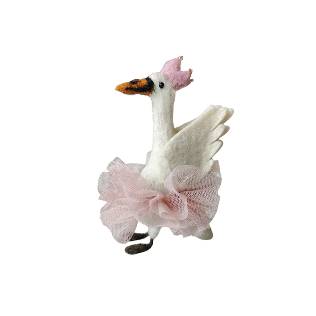 Felt white swan with a pink crown and tutu on a white background
