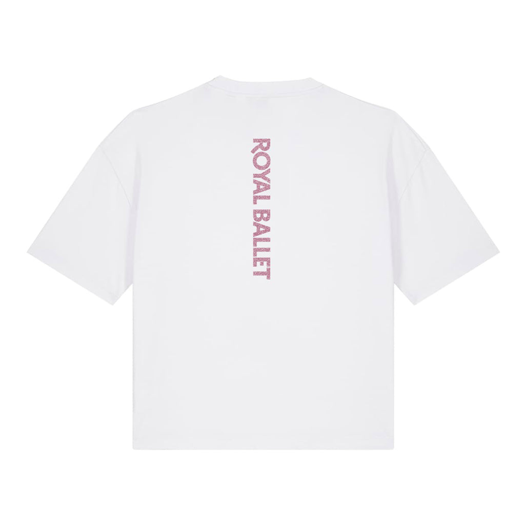 White t-shirt with 'Royal Ballet' text on a white background