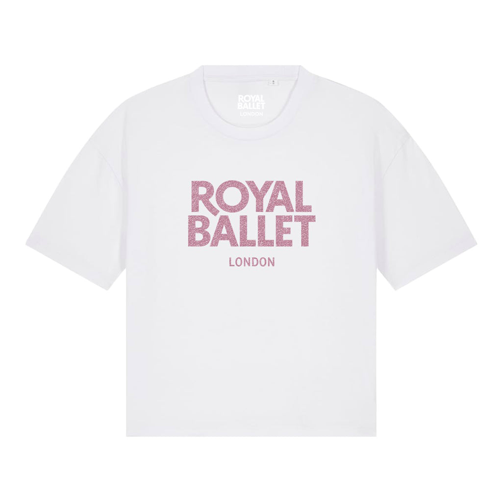 White t-shirt with 'Royal Ballet London' text on a white background