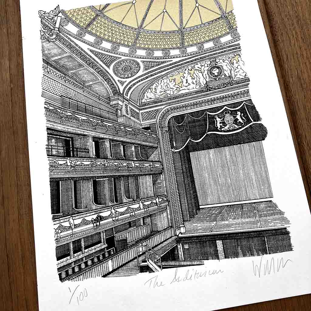 Black and white architectural illustration of the RBO Auditorium with decorative elements on a wooden surface.