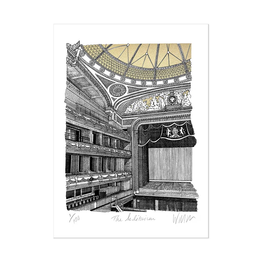 Illustration of the RBO Auditorium interior with a detailed ceiling in gold