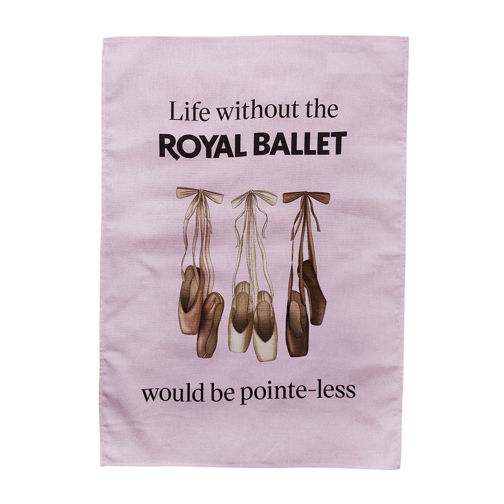 Tea Towel with ballet shoes and text on a pink fabric on a white background