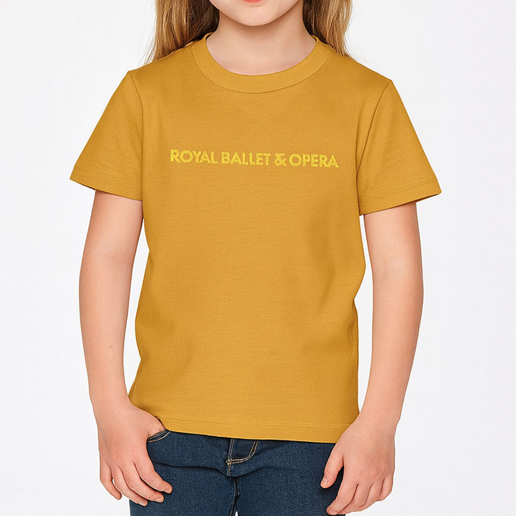 Yellow t-shirt with 'ROYAL BALLET & OPERA' text across the front on a white background