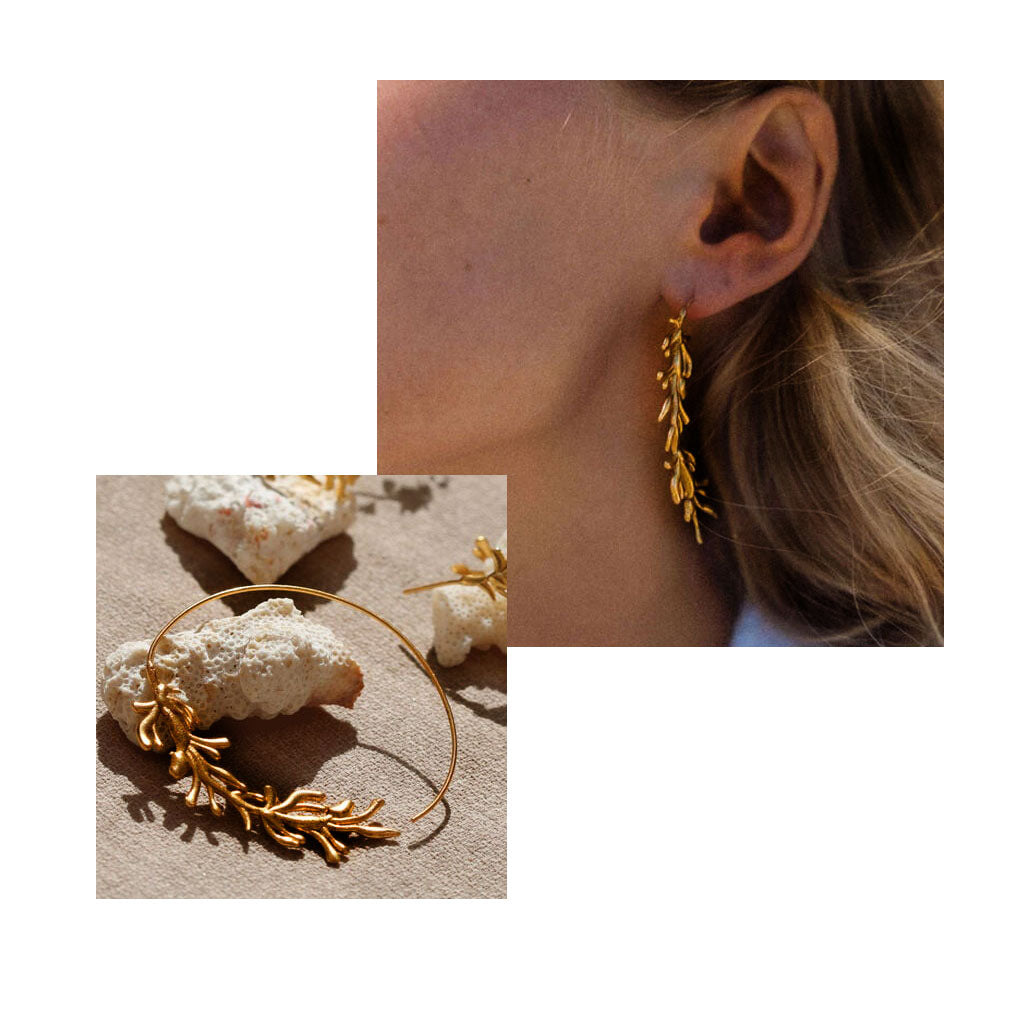 Gold plated brass coral hoop earrings worn by a person, with close-up shots on a white background.