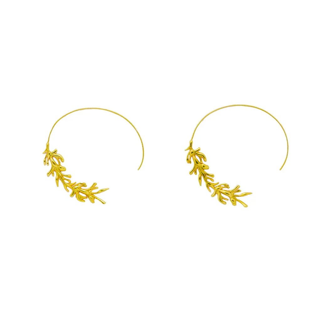 Gold plated brass hoop earrings with coral detailing on a white background