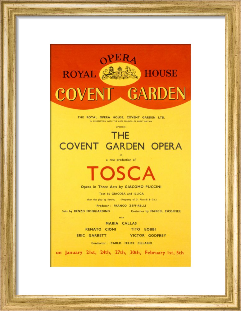 A reproduction print of the 1964 Covent Garden Opera production poster for &#39;Tosca&#39; featuring text and a yellow background with a white border.