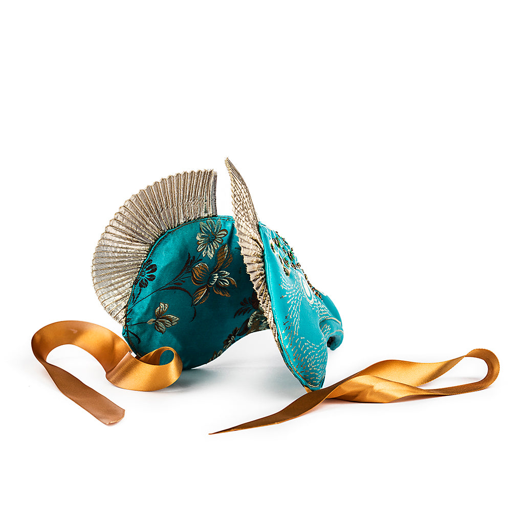 Sideview Handmade Blue Satin Peacock Headdress