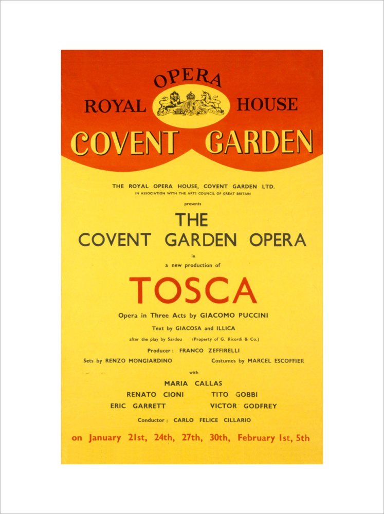 tosca opera print in a red and yellow design
