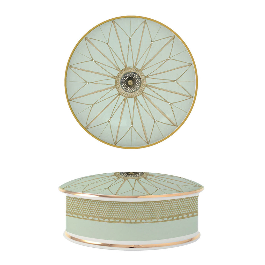 An Auditorium Ceiling Trinket box shown from above and the side. The above view shows a round lid in a light blue colour with gold line work to emulate a decorative domed ceiling. There is a gold rim around the circumference of the lid. The side view shows us the same box in profile. We can see that the lid is slightly wider than the body of the box and there is a white rim at the top and bottom, with another gold rim around the base. There is intricate gold line work around the top half of the box. 