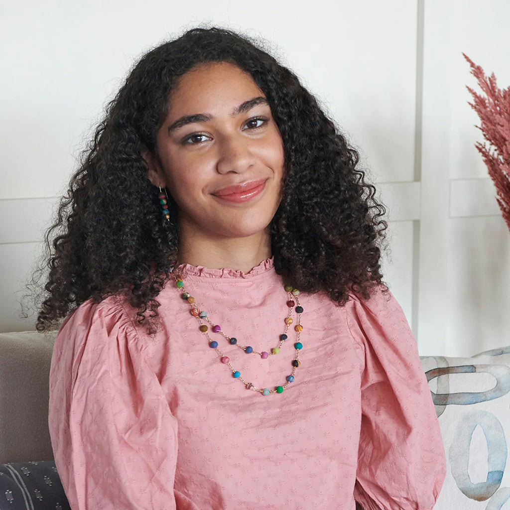 Dotted Kantha Long Necklace On A Model