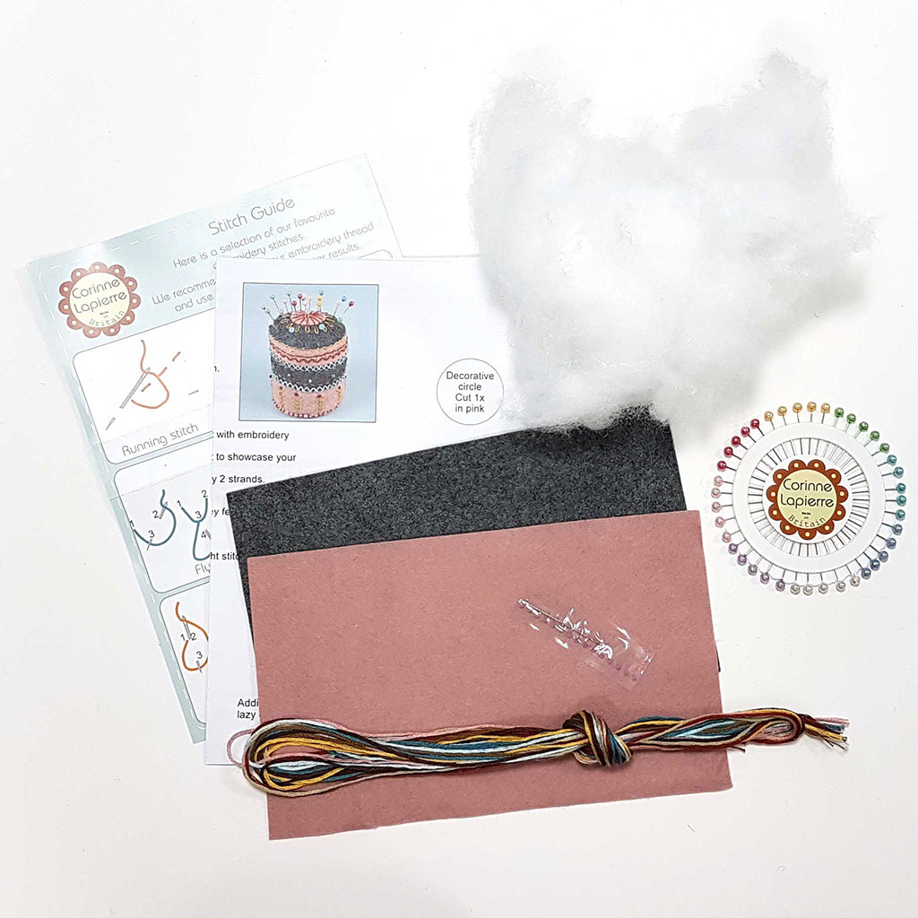 contents of the pin cushion kit with instructions