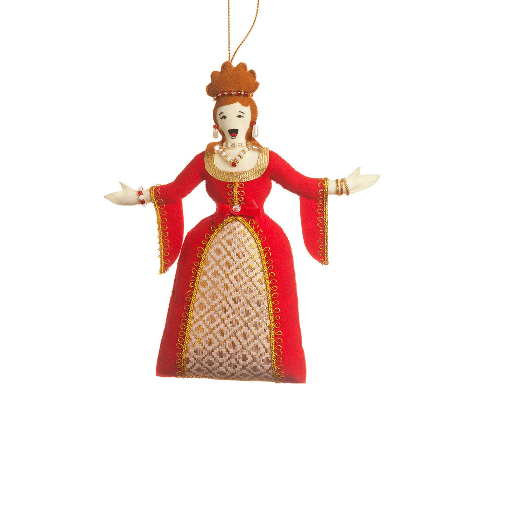Decoration featuring a diva opera singer in a red ball gown and jewellery arms out stretched in song on a white background
